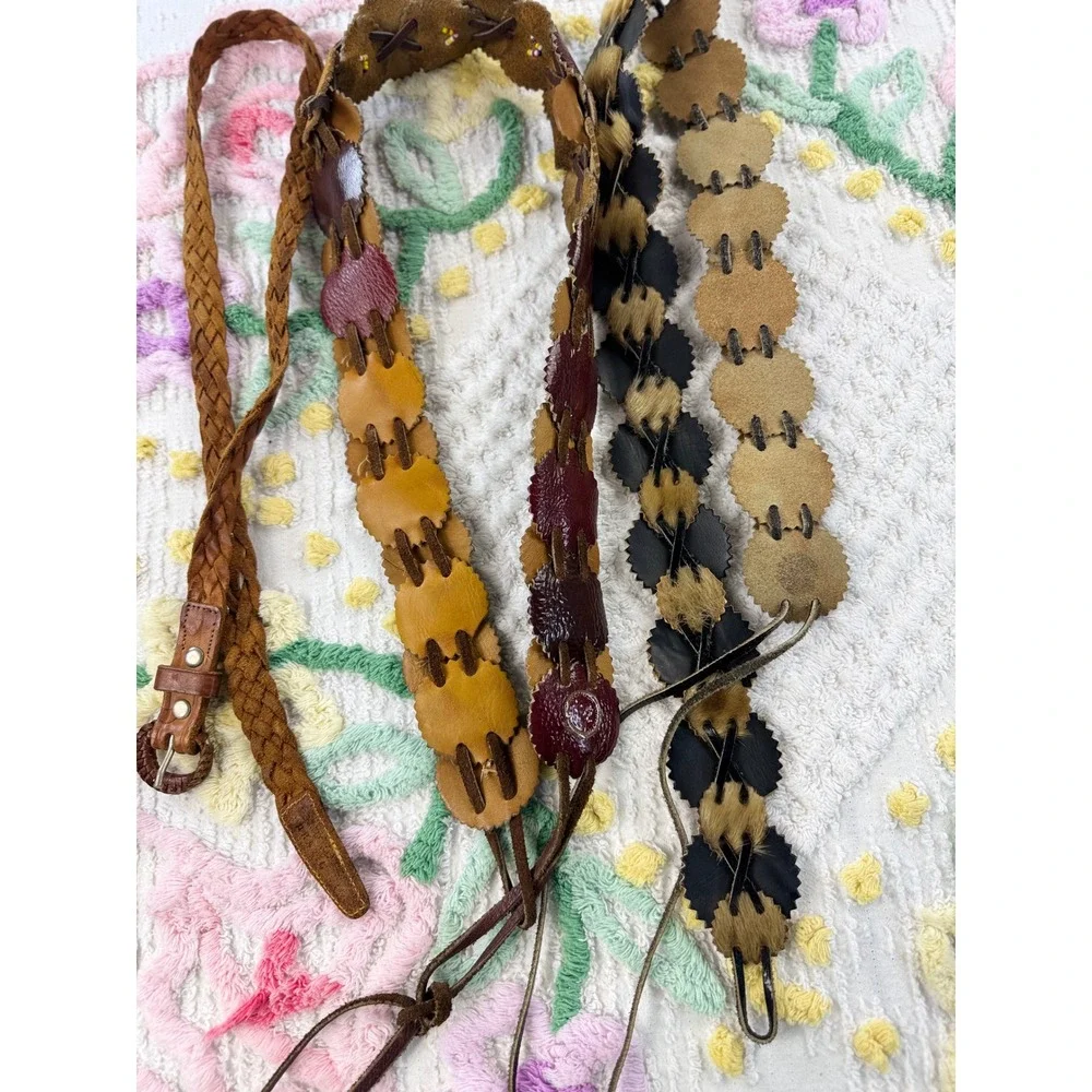 Boho 60 s Leather‎ Beaded Fur Belt Set 3 Women's Western Hippie Accessories